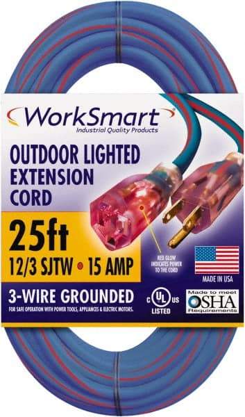 Value Collection - 25', 12/3 Gauge/Conductors, Blue/Red Outdoor Extension Cord - 1 Receptacle, 15 Amps, UL SJTW, NEMA 5-15P - Benchmark Tooling