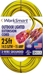 Value Collection - 25', 14/3 Gauge/Conductors, Yellow/Black Outdoor Extension Cord - 1 Receptacle, 15 Amps, UL SJTW, NEMA 5-15P - Benchmark Tooling