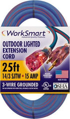 Value Collection - 25', 14/3 Gauge/Conductors, Blue/Red Outdoor Extension Cord - 1 Receptacle, 15 Amps, UL SJTW, NEMA 5-15P - Benchmark Tooling