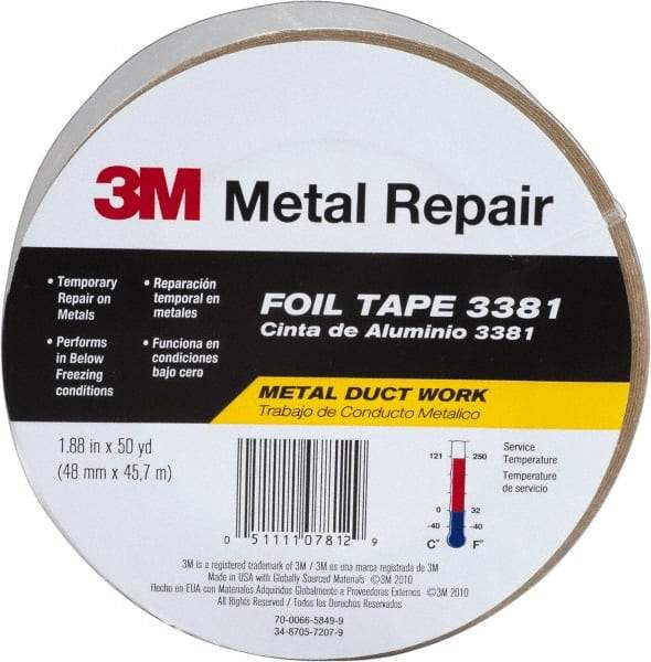 3M - 2" x 50 Yds Silver Foil Tape - 2.7 mil, Acrylic Adhesive, Aluminum Foil Backing, 10 Lb/ln Tensile Strength, -30°F to 260°F, Series 3381 - Benchmark Tooling