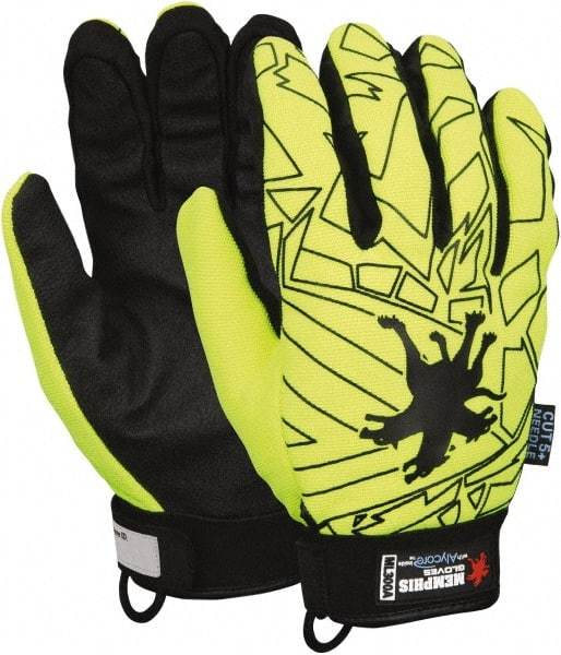 MCR Safety - Size 2XL (11), ANSI Cut Lvl 5, Synthetic Leather Cut & Puncture Resistant Gloves - 9.5" Long, Alycore Lining, Hook & Loop Cuff, Black/Yellow, Paired - Benchmark Tooling