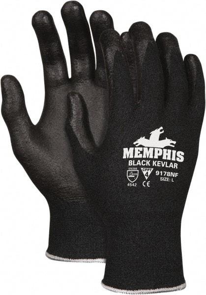 MCR Safety - Size M (8), ANSI Cut Lvl 4, Abrasion Lvl 6, Nitrile Coated Kevlar Cut Resistant Gloves - 10.5" Long, Palm & Fingers Coated, Knit Wrist, Black, Paired - Benchmark Tooling