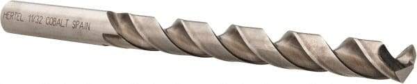 Hertel - 11/32" 135° Cobalt Jobber Drill - Bright Finish, Spiral Flute, 4-3/4" OAL, Split Point - Benchmark Tooling