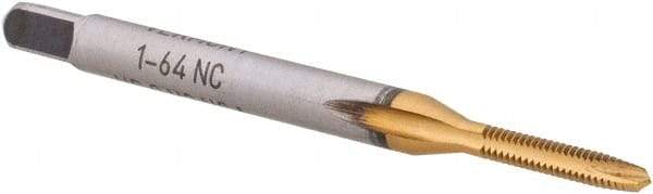 Made in USA - #1-64 UNC, 2 Flute, TiN Finish, High Speed Steel Spiral Point Tap - Plug Chamfer, Right Hand Thread, 1-11/16" OAL, 3/8" Thread Length, 3.58mm Shank Diam, 2B Class of Fit, Series TN3112 - Exact Industrial Supply