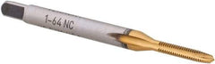 Made in USA - #1-64 UNC, 2 Flute, TiN Finish, High Speed Steel Spiral Point Tap - Plug Chamfer, Right Hand Thread, 1-11/16" OAL, 3/8" Thread Length, 3.58mm Shank Diam, 2B Class of Fit, Series TN3112 - Exact Industrial Supply