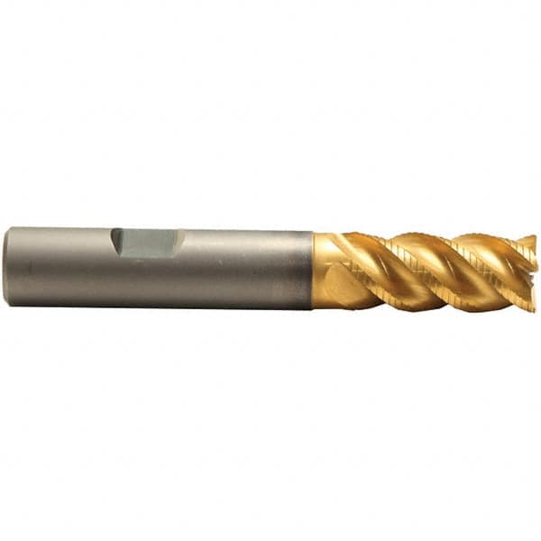 Emuge - 8mm Diam, 19mm LOC, 4 Flute Solid Carbide Roughing & Finishing End Mill - TiN/TiAlN Finish, 63mm OAL, 8mm Shank Diam, Weldon Shank, 45° Helix, Long Length - Benchmark Tooling