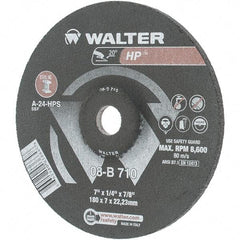 Value Collection - 24 Grit, 7" Wheel Diam, 1/4" Wheel Thickness, 7/8" Arbor Hole, Type 27 Depressed Center Wheel - Aluminum Oxide, Resinoid Bond, 8,600 Max RPM - Benchmark Tooling