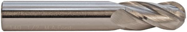 M.A. Ford - 9/16" Diam, 1-1/8" LOC, 4 Flute Solid Carbide Ball End Mill - TiN Finish, Single End, 3-1/2" OAL, 9/16" Shank Diam, Spiral Flute - Benchmark Tooling