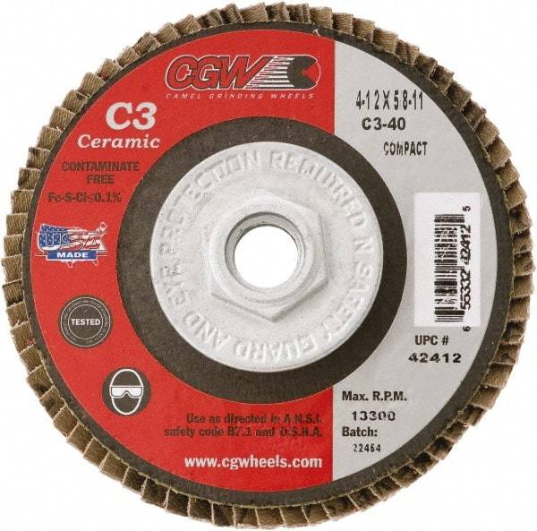 Camel Grinding Wheels - 60 Grit, 7" Disc Diam, 5/8-11 Center Hole, Type 29 Ceramic Flap Disc - 8,600 Max RPM, Polyester Backing, Arbor Attaching System, Coated - Benchmark Tooling