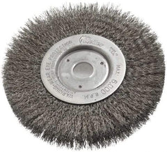 Weiler - 6" OD, 3/4" Arbor Hole, Crimped Steel Wheel Brush - 1/2" Face Width, 1-7/16" Trim Length, 0.0118" Filament Diam, 6,000 RPM - Benchmark Tooling