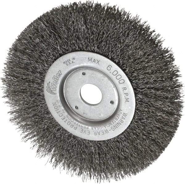 Weiler - 6" OD, 3/4" Arbor Hole, Crimped Wheel Brush - 1/2" Face Width, 1-7/16" Trim Length, 0.014" Filament Diam, 6,000 RPM - Benchmark Tooling