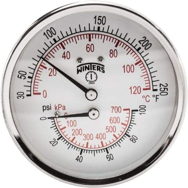 Winters - 3" Dial, 1/2 Thread, 0-100 Scale Range, Pressure Gauge - Center Back Connection Mount, Accurate to 0.03% of Scale - Benchmark Tooling