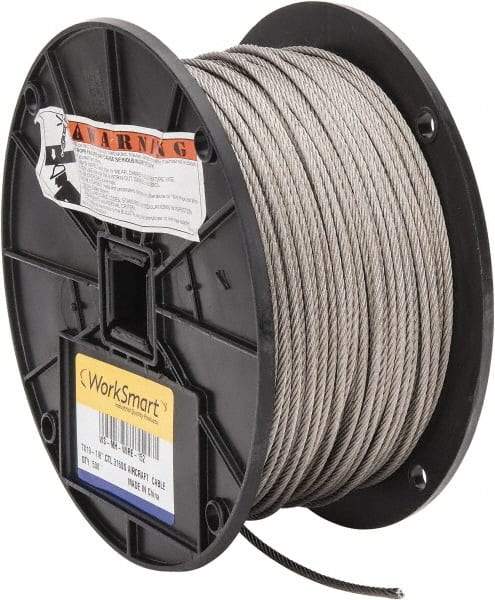 Value Collection - 500' Long, 1/8" Diam, Aircraft Cable - 1,780 Lb Breaking Strength, Material Grade 316, 7 x 19 Strand Core - Benchmark Tooling