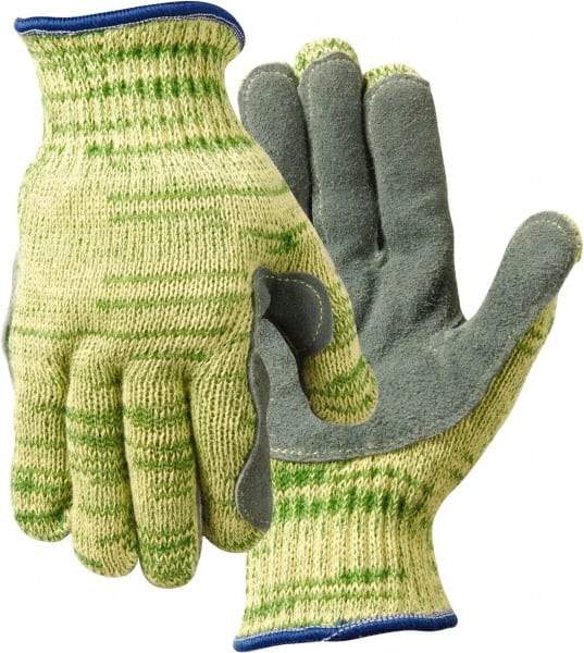 Whizard - Size S (7), ANSI Cut Lvl 5, Split Back/Grain Palm Stainless Steel Cut & Puncture Resistant Gloves - 13" Long, Knit Wrist, Yellow/Green, Paired - Benchmark Tooling