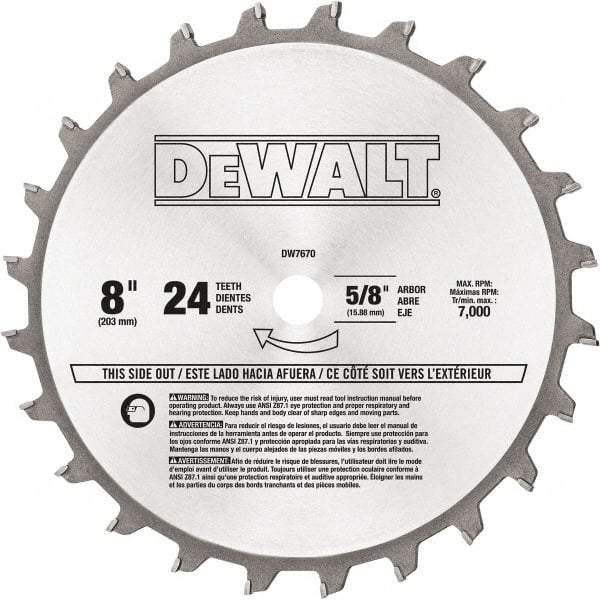 DeWALT - 8" Diam, 5/8" Arbor Hole Diam, 24 Tooth Wet & Dry Cut Saw Blade - Tungsten Carbide-Tipped, Standard Round Arbor - Benchmark Tooling