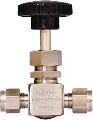 Brennan - 1/4" Pipe, Straight Needle Valve - PTFE Seal, Tube Ends, Stainless Steel Valve, 6,000 Max psi - Benchmark Tooling