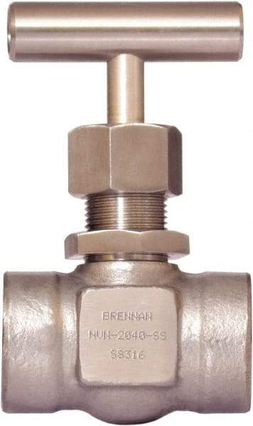 Brennan - 1/2" Pipe, Straight Needle Valve - PTFE Seal, NPT Ends, Stainless Steel Valve, 6,000 Max psi - Benchmark Tooling