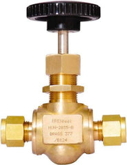 Brennan - 3/8" Pipe, Straight Needle Valve - PTFE Seal, Tube Ends, Brass Valve, 3,000 Max psi - Benchmark Tooling