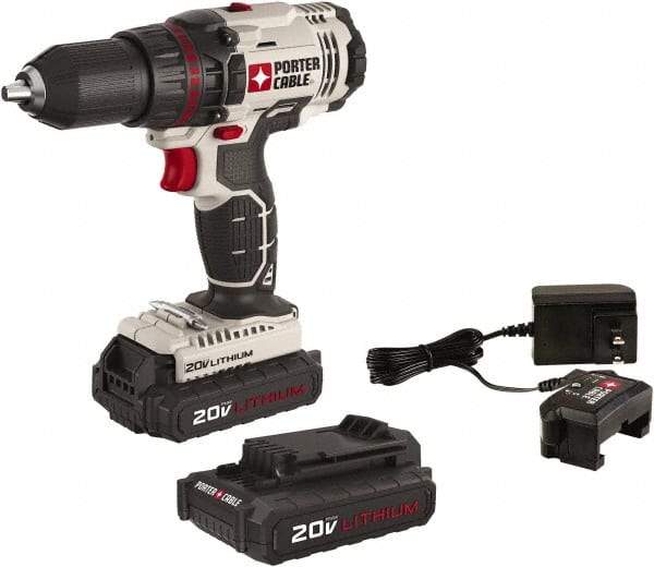 Porter-Cable - 20 Volt 1/2" Chuck Pistol Grip Handle Cordless Drill - 0-350 & 0-1500 RPM, Single-Sleeve Ratcheting Chuck, Reversible, 2 Lithium-Ion Batteries Included - Benchmark Tooling