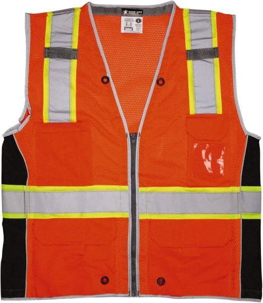 MCR Safety - Size L High Visibility Orange Mesh Surveyor's Vest - 24.4" Chest, ANSI 107-2015, Zipper Closure, 6 Pockets, Polyester - Benchmark Tooling