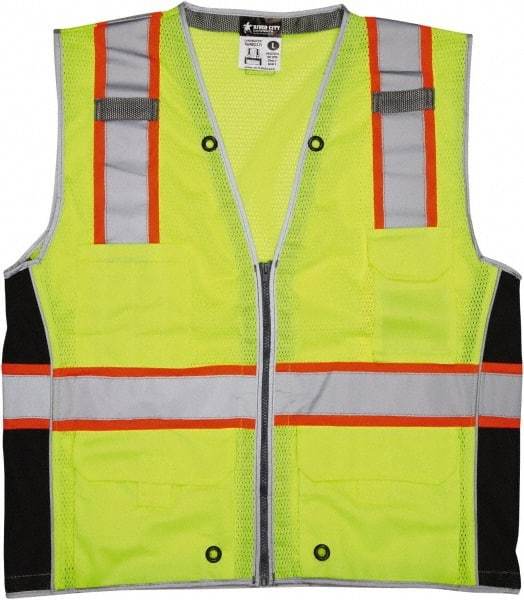 MCR Safety - Size XL High Visibility Lime Mesh Surveyor's Vest - 25.4" Chest, ANSI 107-2015, Zipper Closure, 6 Pockets, Polyester - Benchmark Tooling