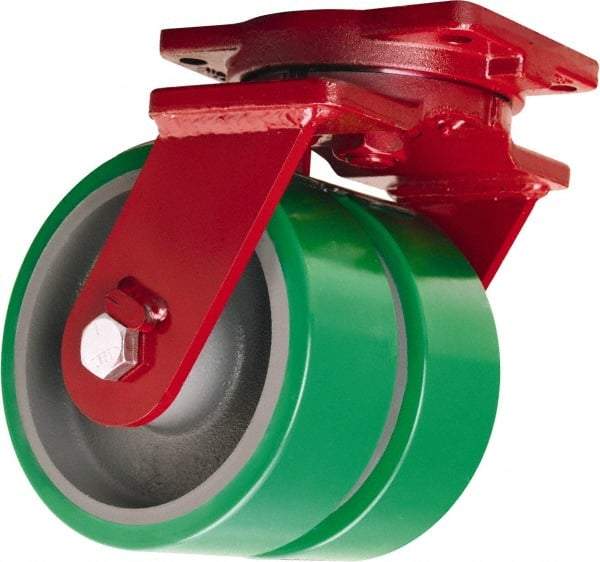 Hamilton - 12" Diam x 3" Wide x 14-1/2" OAH Top Plate Mount Dual Swivel Caster - Polyurethane Mold onto Cast Iron Center, 4,000 Lb Capacity, Sealed Precision Ball Bearing, 6-1/8 x 7-1/2" Plate - Benchmark Tooling