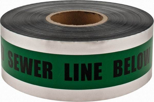 PRO-SAFE - Caution: Buried Sewer Line Below, Detectable Underground Tape - 1,000 Ft. Long x 3 Inch Wide Roll, Polyethylene on Aluminum, 5 mil Thick, Green - Benchmark Tooling