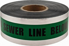 PRO-SAFE - Caution: Buried Sewer Line Below, Detectable Underground Tape - 1,000 Ft. Long x 3 Inch Wide Roll, Polyethylene on Aluminum, 5 mil Thick, Green - Benchmark Tooling