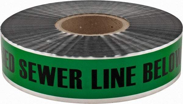 PRO-SAFE - Caution: Buried Sewer Line Below, Detectable Underground Tape - 1,000 Ft. Long x 2 Inch Wide Roll, Polyethylene on Aluminum, 5 mil Thick, Green - Benchmark Tooling