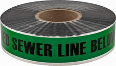 PRO-SAFE - Caution: Buried Sewer Line Below, Detectable Underground Tape - 1,000 Ft. Long x 2 Inch Wide Roll, Polyethylene on Aluminum, 5 mil Thick, Green - Benchmark Tooling