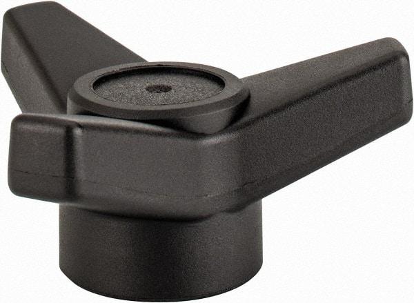 Elesa - 3-1/8" Head Diam, 3/8-16 Hole, 1.375" High, Glass Fibre Reinforced Technopolymer 3 Arm Knob - 1-1/4" Hub Diam, 1.18 Head Height, Female Insert Style, 11/16 Hole Depth, Black - Benchmark Tooling