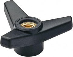 Elesa - 3-1/8" Head Diam, 1.375" High, Glass Fibre Reinforced Technopolymer 3 Arm Knob - 1/2-13 Stem, 1-1/4" Hub Diam, 1.18 Head Height, Thru Female Insert Style, 1-1/4 Hole Depth, Black - Benchmark Tooling