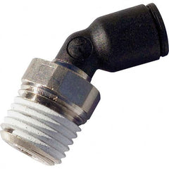 Push-To-Connect Tube Fitting: 45 ° Male Elbow, 1/8″ Thread, 3/8″ OD Glass Reinforced Nylon & Nickel-Plated Brass, 290 psi