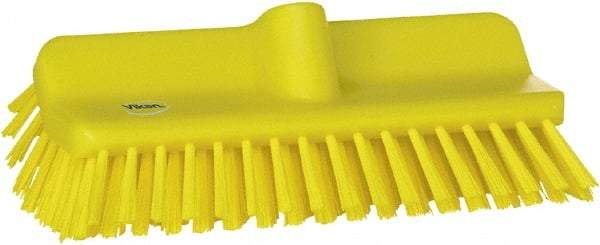 Vikan - 1-1/2" Bristle Length, Polyester Cleaning & Finishing Brush - 9-5/8" Long x 5" Wide Head, 10" OAL, European Threaded Handle, Yellow, Polypropylene Block - Benchmark Tooling