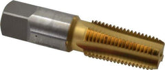 OSG - 1/4-18 NPT Thread, 4 Flute Standard Pipe Tap - 2-7/16" OAL, 1-1/16" Thread Length, 9/16" Shank Diam, TiN Finish, High Speed Steel - Exact Industrial Supply