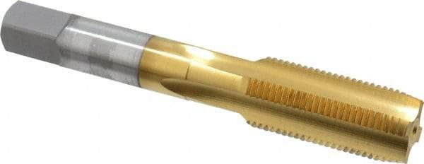 OSG - 5/8-18 UNF 3B 4 Flute TiN Finish High Speed Steel Straight Flute Standard Hand Tap - Plug, Right Hand Thread, 3-13/16" OAL, 1-13/16" Thread Length, H3 Limit, Oversize - Exact Industrial Supply