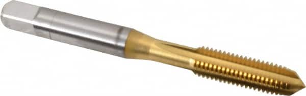 OSG - 1/4-28 UNF 3B 4 Flute TiN Finish High Speed Steel Straight Flute Standard Hand Tap - Plug, Right Hand Thread, 2-1/2" OAL, 1" Thread Length, H3 Limit, Oversize - Exact Industrial Supply