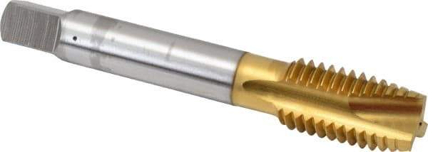 OSG - 5/8-11 UNC, 3 Flute, TiN Finish, High Speed Steel Spiral Point Tap - Plug Chamfer, Right Hand Thread, 3-13/16" OAL, 1-13/16" Thread Length, 0.48" Shank Diam, 3B Class of Fit, Series 105 - Exact Industrial Supply