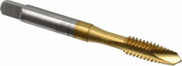 OSG - 1/4-20 UNC, 2 Flute, TiN Finish, High Speed Steel Spiral Point Tap - Plug Chamfer, Right Hand Thread, 2-1/2" OAL, 1" Thread Length, 0.255" Shank Diam, 2B Class of Fit, Series 105 - Exact Industrial Supply