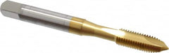 OSG - 1/4-28 UNF, 2 Flute, TiN Finish, High Speed Steel Spiral Point Tap - Plug Chamfer, Right Hand Thread, 2-1/2" OAL, 1" Thread Length, 0.255" Shank Diam, Series 105 - Exact Industrial Supply