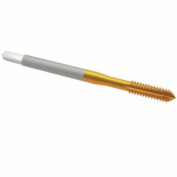 OSG - M4x0.70 Metric Coarse, 2 Flute, TiN Finish, High Speed Steel Spiral Point Tap - Plug Chamfer, Right Hand Thread, 2-1/8" OAL, 3/4" Thread Length, 0.168" Shank Diam, 6H Class of Fit, Series 142 - Exact Industrial Supply