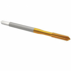 OSG - M4x0.70 Metric Coarse, 2 Flute, TiN Finish, High Speed Steel Spiral Point Tap - Plug Chamfer, Right Hand Thread, 2-1/8" OAL, 3/4" Thread Length, 0.168" Shank Diam, 6H Class of Fit, Series 142 - Exact Industrial Supply