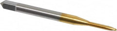 OSG - #1-72 UNF, 2 Flute, TiN Finish, High Speed Steel Spiral Point Tap - Plug Chamfer, Right Hand Thread, 1-11/16" OAL, 3/8" Thread Length, 0.141" Shank Diam, 2B Class of Fit, Series 105 - Exact Industrial Supply