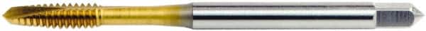 OSG - 7/16-20 UNF, 3 Flute, TiN Finish, High Speed Steel Spiral Point Tap - Plug Chamfer, Right Hand Thread, 3-5/32" OAL, 1-7/16" Thread Length, 0.323" Shank Diam, 3B Class of Fit, Series 105 - Exact Industrial Supply