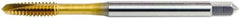 OSG - 7/16-20 UNF, 3 Flute, TiN Finish, High Speed Steel Spiral Point Tap - Plug Chamfer, Right Hand Thread, 3-5/32" OAL, 1-7/16" Thread Length, 0.323" Shank Diam, 3B Class of Fit, Series 105 - Exact Industrial Supply