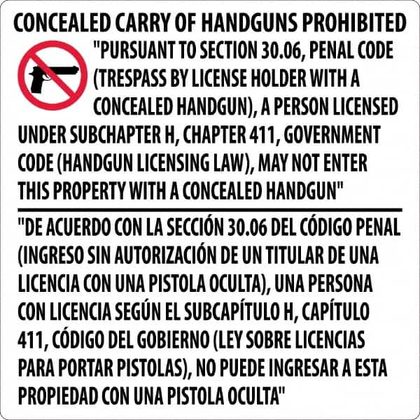 NMC - "Concealed Carry of Handguns Prohibited", 24" Long x 24" Wide, Rigid Plastic Safety Sign - Square, 0.05" Thick, Use for Accident Prevention - Benchmark Tooling