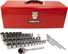 Proto - 39 Piece 3/8" & 1/2" Drive Chrome Finish Deep Well Socket Set - 6 Points, 5/16" to 1" Range, Inch Measurement Standard - Benchmark Tooling