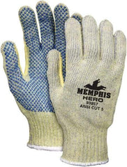 MCR Safety - Size XL (10), ANSI Cut Lvl 5, PVC Coated Kevlar/Spectra/Stainless Steel Cut Resistant Gloves - Palm & Fingers Coated, Continuous Knit Cuff, Yellow/Blue, Paired - Benchmark Tooling