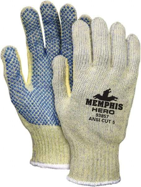 MCR Safety - Size L (9), ANSI Cut Lvl 5, PVC Coated Kevlar/Spectra/Stainless Steel Cut Resistant Gloves - Palm & Fingers Coated, Continuous Knit Cuff, Yellow/Blue, Paired - Benchmark Tooling