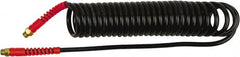 PRO-SOURCE - 1/4" ID, 1/4 Thread, 15' Long, Black Polyurethane Coiled & Self Storing Hose - 145 Max psi, Male Swivel x Male Swivel - Benchmark Tooling